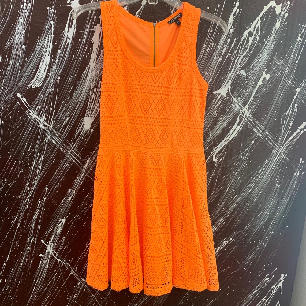 Express Neon Orange Eyelet Lace Fit and Flare Mini Dress Sleeveless Skater S